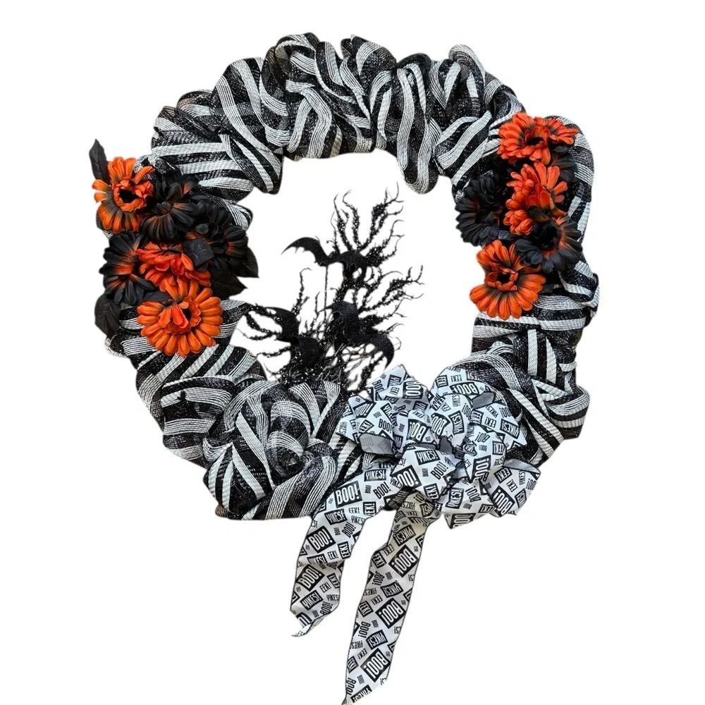 Black & White Striped Halloween Mesh Wreath Orange Flowers, BOO Bow & Bats 24